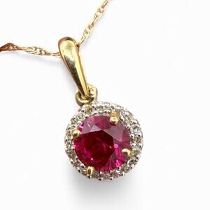 Ruby Diamond Halo Pendant Necklace Solid 10k Yellow Gold 18in Chain Signed JWBR